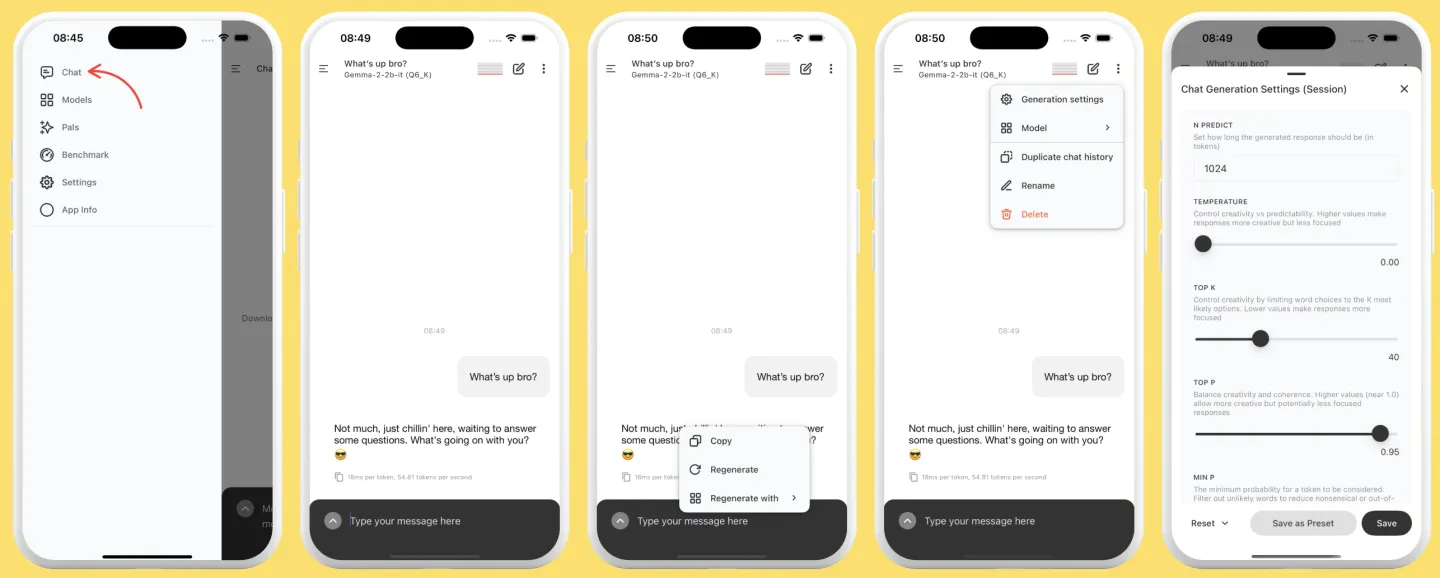 Official PocketPal AI screenshots showing its menu, local chat, message controls, and generation settings on iPhone